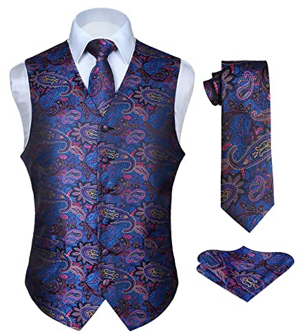 Hisdern Men's Paisley Floral Jacquard Waistcoat&Necktie and Pocket Square Vest Suit Set, Blue & Pink, 2XL(Chest 51inch)