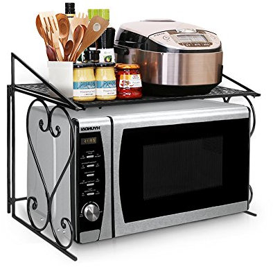 P&B Stable Microwave Shelf Stand Metal Microwave Oven Rack Single Layer Kitchen Storage Organiser Countertop Space Saver for Small Kitchen Bathroom (Black)