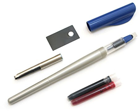 Set mit Pilot Parallel Pen 6,0 mm + 1 Box mit 12 Tintenpatronen, verschiedene Farben, + 1 Box 6 schwarze Patronen + 1 Lineal Lesezeichen aus Holz Blumie