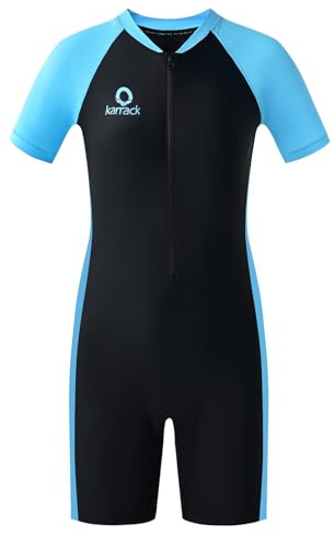 karrack Girls and Boys One Piece Rash Guard Swimsuit Kid Water Sport Short Swimsuit UPF 50+ Sun Protection Bathing Suits (Size 11-13Years) Black- Blue
