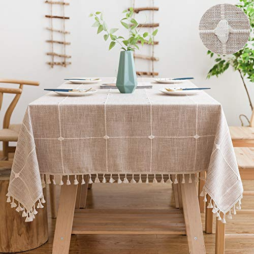 SUNBEAUTY Tischdecke Baumwolle 240x140 Leinen Tischdecke Beige Abwaschbar Tischdecken Rechteckig Tischtuch mit Quasten für Home Küche Speisetisch Dekoration