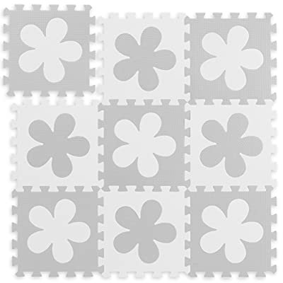 Relaxdays Puzzlematte Blumen-Muster, 9 Teile, EVA-Schaumstoff, schadstofffrei, Spielunterlage 91,5 x 91,5 cm, weiß-grau