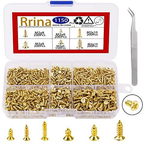 Rrina 1150Pcs M2 M3 Gold Plate Carbon Steel Small Screws Phillips Flat Head Cross Self Tapping Tiny Screw Cabinet Electronic Accessories Screw DIY Micro Woodworking Mini Screw Assortment Kit