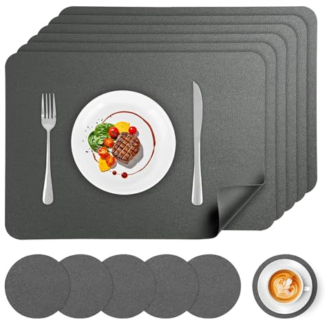 APLKER Tovagliette in Pelle Set di 6 Tovaglietta Americana Lavabili Impermeabili Antiscivolo Resistenti al Calore, Rettangolari Set Tovagliette, 16.9 x 11.8 Inch (43 x 30 CM)-Grigio