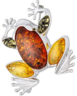 AMBEDORA Damenbrosche Sterling Silber glänzend, farbiger baltischer Bernstein, große Froschlein brosche mit Bernstein in drei Farben, Sicherheitsverschluss, Geschenk-Set