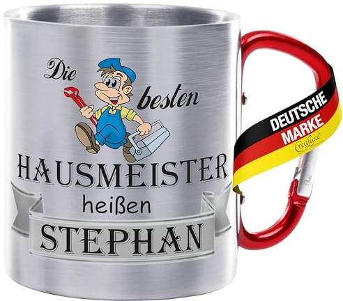 Crealuxe Edelstahltasse mit Karabiner - Die Besten Hausmeister heißen Wunschname - 330ml, Tasse personalisiert, Kaffeetasse, Bürotasse, Metalltasse mit Name
