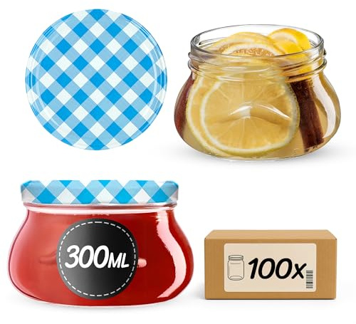 KADAX 100 vasetti per conserve da 300 ml con coperchio a vite fi82 mm, in miniatura per miele e spezie, vasetti per marmellata con coperchio, barattoli ermetici da regalare