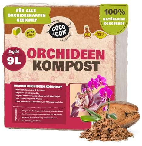 Coco & Coir Orchid Potting Mix | Peat-free Orchid Compost/Orchid Bark Replacement with Orchid Feed | Repotting All Orchid Plants (9L)
