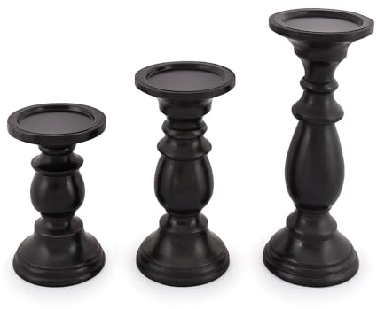 SAMHITA Set mit 3 Kerzenhaltern aus Mangoholz, in schwarzer Oberfläche, für Tischdekoration, Kerze für Jede Raumdekoration