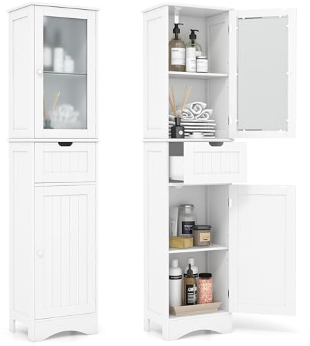 Tangkula 67 Tall Bathroom Storage Cabinet, Slim Freestanding Tower w/ 2 Doors & 1 Drawer, Narrow Floor Cabinet w/Adjustable Shelves & Tempered Glass Door for Bathroom Living Room (White)