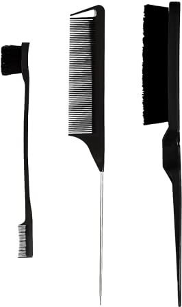 3 Pieces Hair Styling Comb Set, Double Sided Edges Brush, Teasing Hair Brush Rat Tail Comb, Plastic Bristle Hair Brush, Edge Control Brush, for Home, Hairdressers (Black)