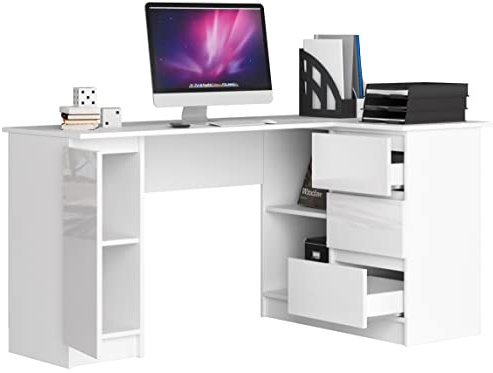 BDW Eckschreibtisch mit 3 Schubladen, 2 Regalen und 1 Fach - Oberfläche Glanz - Schreibtisch für Jugendzimmer Büros und Ateliers - Gaming Tisch - 155x85x77 cm - Weiß Rechts