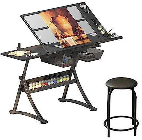 CASEGO Anhebbarer Kunst-Maltisch mit doppelten Unterbrettern, großer Stauraum, geeignet für Wohnzimmer, Arbeitszimmer, Klassenzimmer usw. (Basic+Stuhl)