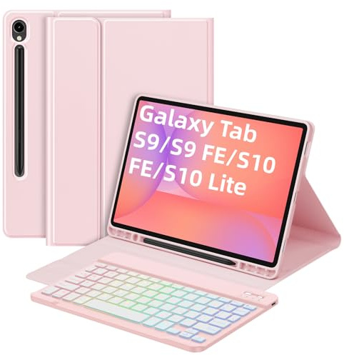 Bettdow for Samsung Galaxy Tab S10 Lite/ S10 FE 10.9 2025 Keyboard Case, UK Layout Detachable Wireless Backlit Keyboard with Case for Galaxy Tab S10 FE/Tab S9 FE 10.9 Inch/Tab S9 11 Inch, Pink