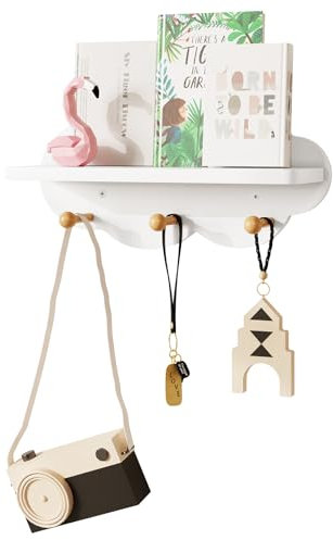 WOLTU Wolkenregal, Kinder Garderobenhaken, Wandregal mit Haken, Hängeregal, Schweberegal weiß, schwebendes Regal für Kinderzimmer, Wanddeko, 36x12x20,5 cm