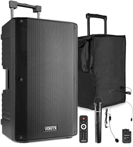 VONYX VSA500BP Portable PA System, 800W Battery Powered Speaker with Wireless Microphone, Bluetooth, USB, SD, Headset, Rechargeable Battery Operated Speaker for Events