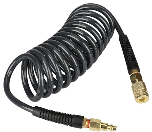 YOTOO Polyurethane Recoil Air Hose 1/4 Inner Diameter by 10' Long with Bend Restrictor, 1/4 Industrial Quick Coupler and Plug, Gray