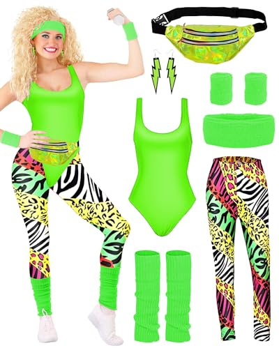 BIQIQI 80er Jahre Outfit Damen Set Retro Trainingsanzug Kostüm 80s 90s Kleidung Kostüm Accessoires Clothes Trikot, Leggings, Stirnband, Armbänder, Beinwärmer, Ohrringe, Gürteltasche