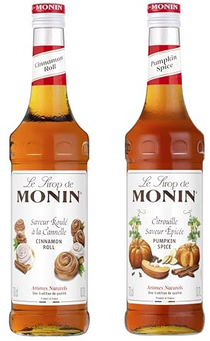 MONIN - Assortiment Sirop Saveur Roulé à la Cannelle et Sirop de Citrouille saveur Epicée - Pour Café, Chocolat Chaud, Capuccino ou Latte - Arômes Naturels - Bouteille en Verre - 2 x 70 cl
