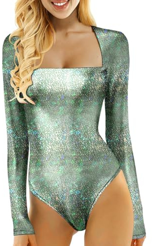 KBOPLEMQ Justaucorps à manches longues pour femme - En cuir verni - Brillant métallisé - Effet mouillé - Body de ballet - Danse - Justaucorps de gymnastique - Une pièce, vert, M
