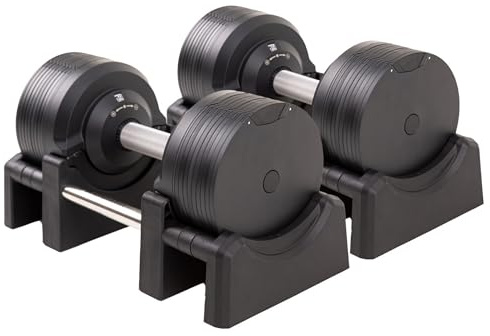 BRAINGAIN Justerbart hantelset 23,5 kg/32,5 kg/41,5 kg – flera vikter i en – viktförändring på 1 sekund – platsbesparande träningsutrustning – krom/svart