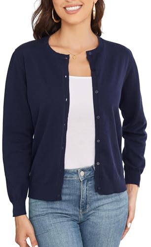 BERESIA Chaqueta De Punto Clásica para Mujer con Cuello Redondo, Botones Y Mangas Largas, Suéter De Punto Suave, Azul Marino, L