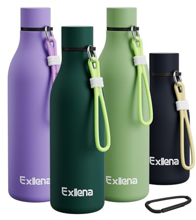 Exllena Metal Water Bottle 500ml with Silicone Strap, Double Wall Vacuum Insulated Water Bottles Keeps Drinks Cold 24 Hrs/Hot 12 Hrs, Stainless Steel Water Bottle BPA Free(Lake Blue)