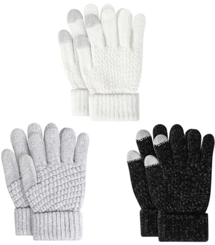 TAGVO 3 Pares de Guantes Cálidos de invierno para Niños de 3 a 8 Años, Guantes de lana tejidos a mano Guantes Termicos de Punto con Forro Polar Guantes Táctiles para Niños y Niñas