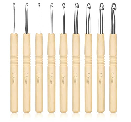 Crochet Hooks Set, 9PCS Crochet Kits Ergonomic Handle for Arthritic Hands Wooden Knitting Needles Kit (2,0-6,0 mm)