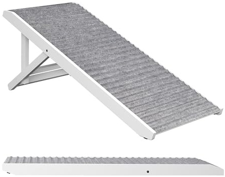 Relaxdays Hunderampe, höhenverstellbar 38–43 cm, klappbar, rutschfest, Holz, 35 kg, Hundetreppe Bett & Sofa, grau/weiß