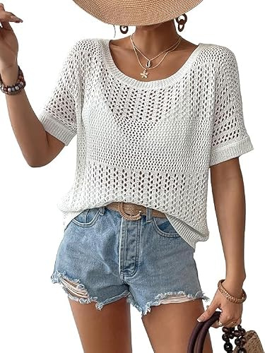 Bsubseach Women Short Sleeve Crochet Tops Hollow Out Swimwear White L