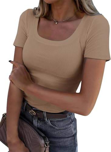 TrendiMax Damen T-Shirt Gerippt Slim Fit Basic Tee Shirts Quadratischer Hals Kurzarm Sommer Tshirt Stretch Oberteile Casual Bluse Tops, Khaki, XL