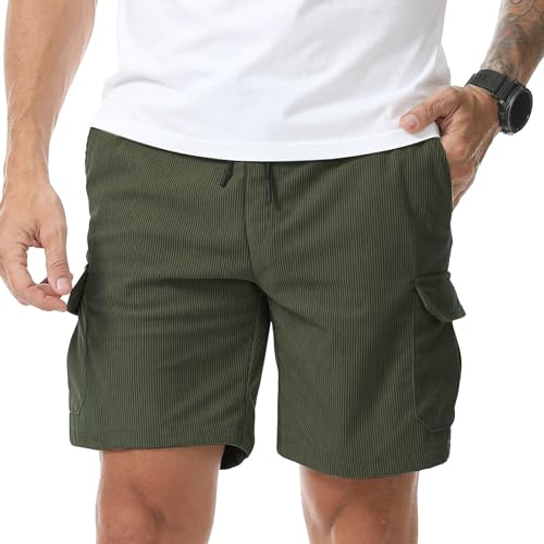 Suwangi Herr manchestershorts lediga korta byxor cargoshorts och bermudashorts sommar med 4 fickor, Färg: grön, S