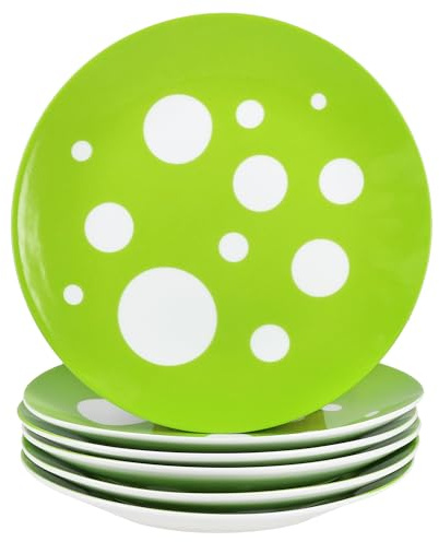 MamboCat Pula grün 6er Set Kuchenteller I weißes Porzellan-Frühstücksteller mit Punkten für 6 Personen I kleine Teller für Salat, Dessert, Fingerfood & Co.