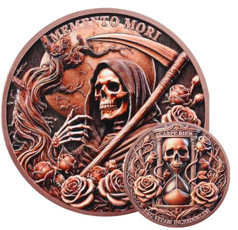 AtSKnSK Memento Mori Totenkopf Münze, Stoisches Medaillon mit Rose, Bronze EDC Medaillon für Lebensreflexion, Carpe Diem Täglicher Erinnerungs-Taler, Stoische Geschenke für Männer und Frauen