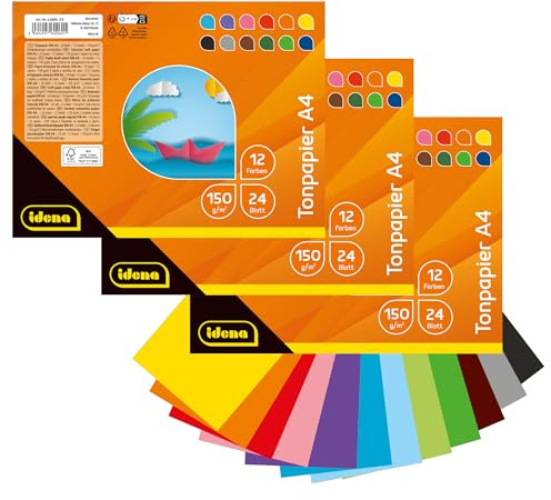 Idena 90257 - Tonpapier DIN A4, 3 Blöcke mit je 24 Blatt Bastelpapier in 12 strahlend schönen Farben, 150 g/m², FSC-Mix