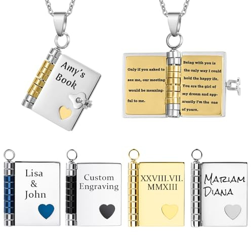 Alwesam Personalized Book Locket Necklace with Message Custom Engraved Love Letter Pendant Jewelry Gift for Her Him Women Men Couple Family Friend Birthday Valentine Mother Day