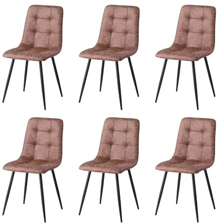 BenyLed Set med 6 matsalsstolar i läder, vadderade köksstolar i modern retrostil med robusta metallben (ljusbrun)