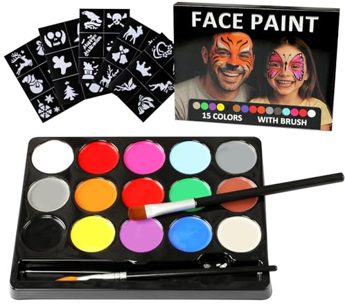 Kinderschminke Set – 15 Farben Gesicht- & Körperfarbe mit 30 Schablonen & 2 Pinseln - Hautfreundliche Schminkpalette für Kinder & Erwachsene zu Karneval, Fasching & Halloween