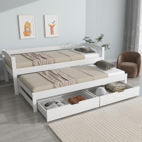 Rosebibi Cama de día, 200x90cm/190x90cm, cama individual y doble, cama corrediza con ruedas en la parte inferior, con 2 cajones de MDF, estructura de madera maciza, color blanco