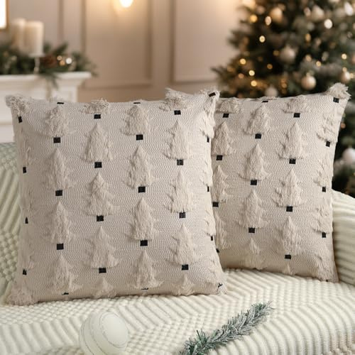 Miaikoe Weihnachtskissenbezüge 45x45 cm Set von 2 weiche Plüsch-Impost-Fell-Weihnachtsbaum-Wurfkissenbezüge für Winterferien-Xmas-Dekoration Beige