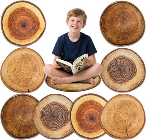 SHIYUE 8 Pcs Kids Carpet Circle Classroom Space, 16in Print Stump Themes Education Floor Cushions Soft Seating Non Slip Rug, Learning Playing Deco(Log Style)