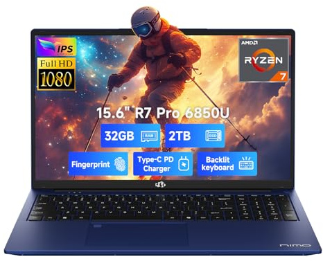 NIMO 15.6 Light-Gaming-Laptop, 8 Cores AMD Ryzen 7 Pro 6850U 32GB LPDDR5 RAM 2TB SSD (Beat i7-1360P Up to 4.7GHz) AMD Radeon 680M GPU IPS FHD Computer with 100W Type-C Backlit Keyboard Fingerprint