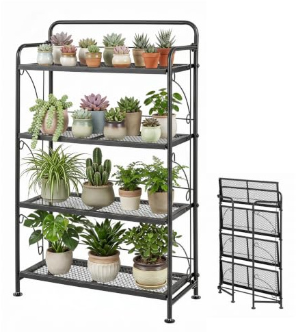COSTWAY 4 Etagen Pflanzenständer klappbar, Blumenständer Metall, Blumenregal mit verstellbarer Ablage, bis 40kg, Pflanzenregal Blumentreppe Pflanzentreppe, Garten Terrasse Balkon, Schwarz, 60x25x100cm