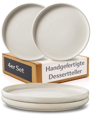 Cosumy Set de 4 Assiettes à Dessert Ø22 cm – Assiette Dessert Artisanale Blanche – Élégantes Assiettes de Petit-Déjeuner – Set de Vaisselle Moderne pour 4 Personnes – Service de Table