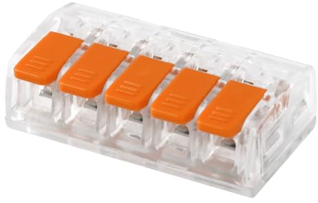 CILIA Anslutningsklämmor 5-polig med spak – 50 stycken kompakta burkklämmor för alla typer av ledare (0,2–4 mm²) – återanvändbara elektriska kabelkontakter, transparent/orange