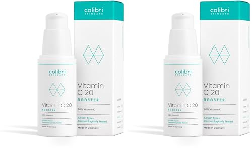 colibri skincare Vitamin C20 Booster 30ml Doppelpack - Vitamin C Serum | Lässt Pigmentflecken & Pickelmale verblassen, schützt vor oxidativem Stress, 20% Vitamin C, 2er-Pack