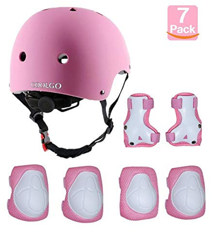 Skateboard Helm Kinder, COOLGOEU 7 in 1 Protektorenset Kinder mit Knieschoner, Ellenbogenschoner und Handgelenkschoner für Inlineskates, Skateboard, Hoverboard, Fahrrad, BMX-Fahrrad (Rosa)