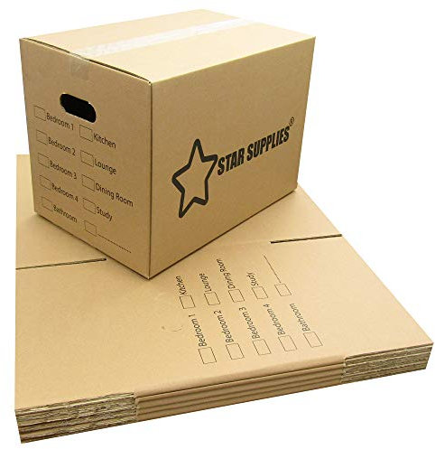 10 x Printed Room List Cardboard House Moving Boxes - Removal Packing Box With Carry Handles 457x304x254mm