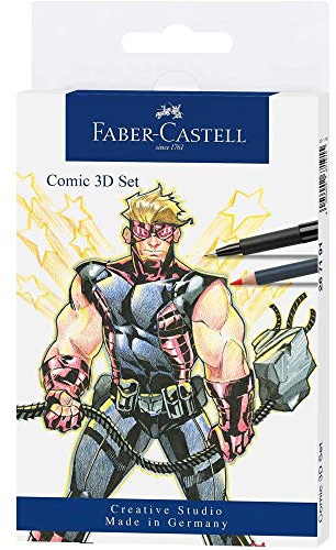 FABER-CASTELL 267191 - Tuschestift Pitt Artist Pen Comic Illustration 3D Set, 5 Tuschestifte, 3 Aquarellfarbstifte und Zubehör, 11 teilig | Mit 5 Tuschestiften, 3 Aquarellstiften und Zubehör für Comiczeichnungen